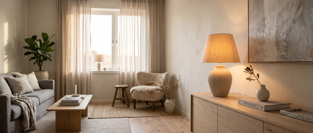 Warm Scandinavian living room with a ceramic table lamp
